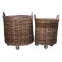 Paniers de bois de chauffage en rotin ALGAN avec anse, sur roulettes, 2 pièces, rond, brun, 50-55cm, Ø50-65cm