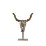 Taureau décoratif en métal DOWA, socle en bois, argent, 27x34x6cm