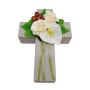 Composition florale artificielle: rose, anthurium, cynorrhodon NINNA, croix de jardin, blanc-rouge, 30x18x11cm