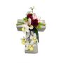 Composition florale en fleurs artificielles: magnolia, orchidée, rose OVANA, croix de jardin, blanc-fuchsia, 28x18x10cm