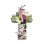 Composition florale artificielle: magnolia, orchidée, rose OVANA, croix de jardin, blanc-lilas-crème, 28x18x10cm