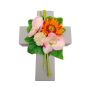 Composition florale artificielle: gerbera, orchidée, allium ANSGAR, croix végétale, rose-orange, 20x15x9cm