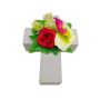 Composition florale artificielle: rose, orchidée, houblon ARIADNA, croix végétale, rouge-vert-fuchsia, 20x15x9cm