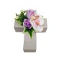 Composition florale artificielle: orchidée Phalaenopsis, rose ARLOMA, croix végétale, blanc-lilas, 20x15x11cm