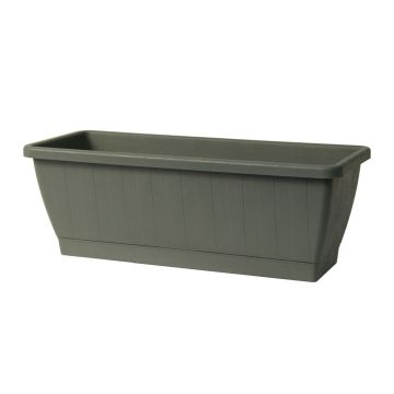 Bac à fleurs pour balcon OPHIRA en plastique recyclé, réserve d'eau, soucoupe, vert sauge, 79,5x19,5x17,5cm