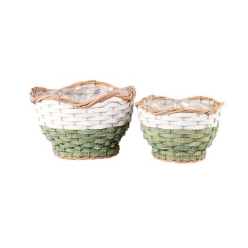 Corbeille à fleurs en bois ISILE, 2 pièces, bord courbé, rond, vert-blanc, 13-17cm, Ø20-25cm