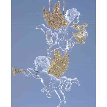 Pendentif acrylique Ange, 2 pièces, harpe, lyre, paillettes, or, 9x10cm