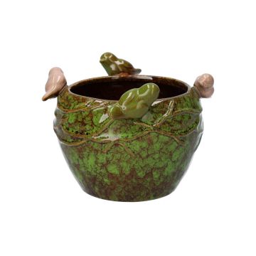 Pot de fleurs SARINO en céramique, avec des oiseaux en 3D, vert-brun-beige, 10,5cm, Ø14cm