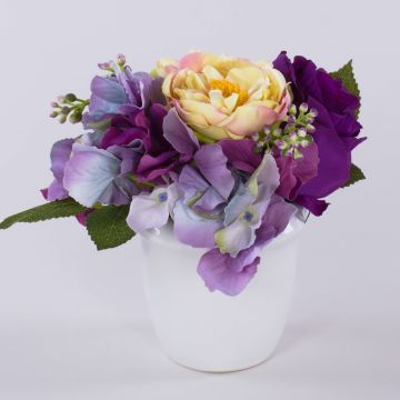 Composition décorative de roses et d'hortensias FELINE, pot en céramique, lilas, 17cm, Ø18cm