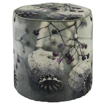 Tabouret en velours SARON, motif coquelicots, gris-violet-blanc, 45 cm, Ø 40 cm Tabouret en velours SARON, motif coquelicots, gris-violet-blanc, 45 cm, Ø 40 cm