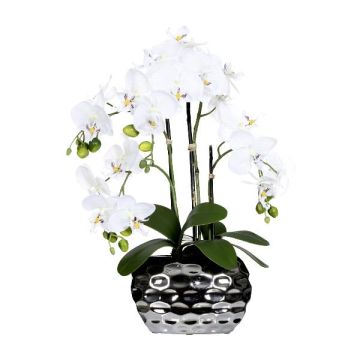 Orchidée Phalaenopsis artificielle SINKA en pot décoratif argenté, blanc, 55cm