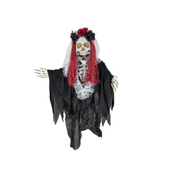Figurine de squelette d'Halloween LA CATRINA avec des roses dans les cheveux, fonction sonore et de mouvement, LEDs, 60x30x100cm