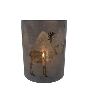 Photophore en verre AUGUSTINUS avec motif de renne, bronze mat-doré brillant, 12,5cm, Ø10cm