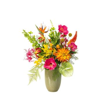 Bouquet de fleurs artificielles FEME, fuchsia-orange-vert, 75cm, Ø45cm Bouquet de fleurs artificielles FEME, fuchsia-orange-vert, 75cm, Ø45cm