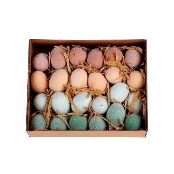Œufs de poule décoratifs KUSUM, 24 pièces, décoration de Pâques, floqué, multicolore Œufs de poule décoratifs KUSUM, 24 pièces, décoration de Pâques, floqué, multicolore