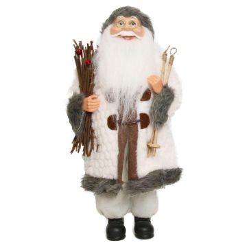 Figurine décorative de Père Noël JARICK, fagot de brindilles, bâtons de ski, blanc-gris, 22x14x45cm
