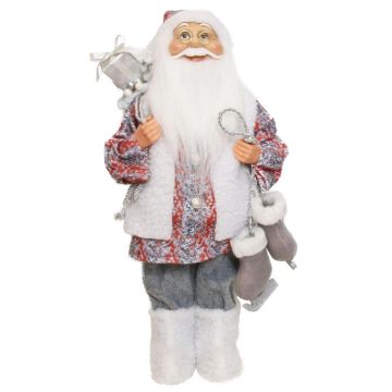 Figurine décorative de Père Noël ABENZIO, patins à glace, sac cadeau, blanc-gris-rouge, 22x14x45cm