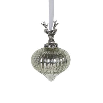 Boule de Noël NUMI en verre, cerf, forme d'oignon, argent, Ø 10 cm Boule de Noël NUMI en verre, cerf, forme d'oignon, argent, Ø 10 cm