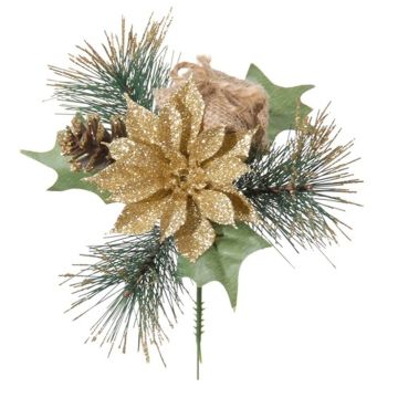 Composition décorative Étoile de Noël, sapin HERMINA avec cadeau, tige, or, 21cm, Ø17cm