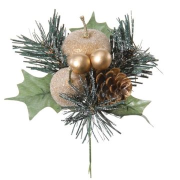 Composition artificielle pomme, poire, sapin HERMOSA avec boules, tige, or, 20cm, Ø12cm