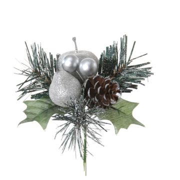 Composition décorative artificielle: pomme, poire, sapin HERMOSA avec boules, tige, argent, 20cm, Ø12cm