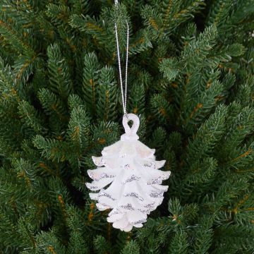 Suspension acrylique pomme de pin CATHARINA, paillettes, blanc-argent, 9cm, Ø7cm Suspension acrylique pomme de pin CATHARINA, paillettes, blanc-argent, 9cm, Ø7cm