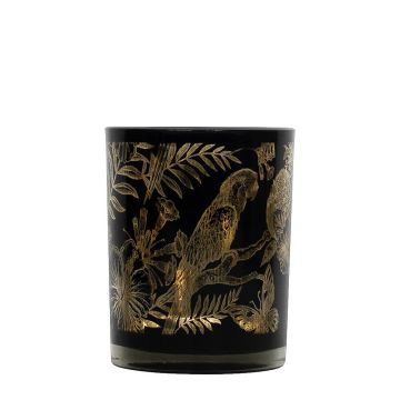 Photophore en verre CHINATSU avec motif perroquet, noir mat-doré brillant, 10cm, Ø8cm