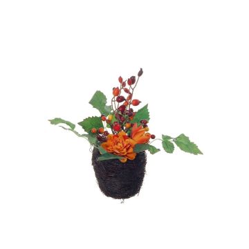 Composition décorative de dahlias et de cynorrhodons ABED dans un panier, orange-rouge, 17cm, Ø10cm