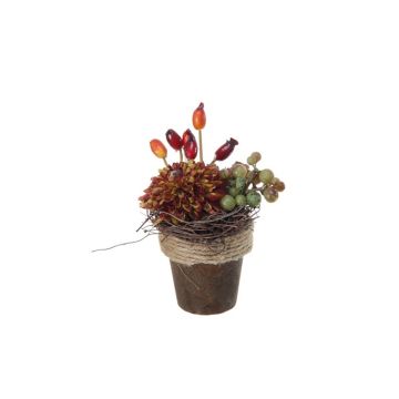 Composition florale artificielle: dahlias, cynorrhodons, grappes de raisin MUSAN, pot décoratif, rouge-orange-vert, 10cm, Ø7cm