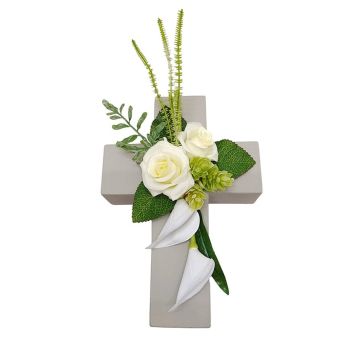 Composition florale artificielle : rose, calla, houblon LONNE, croix végétale, blanc-vert, 35 x 18 x 10 cm Composition florale artificielle : rose, calla, houblon LONNE, croix végétale, blanc-vert, 35 x 18 x 10 cm