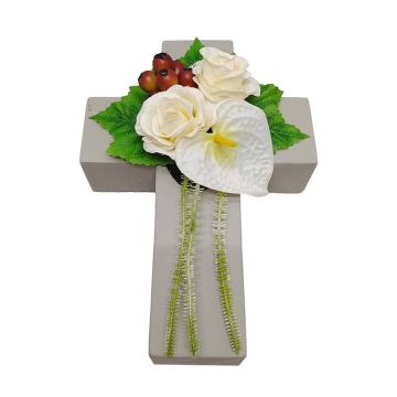 Composition florale artificielle : rose, anthurium, cynorrhodon NINNA, croix de jardin, blanc-rouge, 30 x 18 x 11 cm Composition florale artificielle : rose, anthurium, cynorrhodon NINNA, croix de jardin, blanc-rouge, 30 x 18 x 11 cm