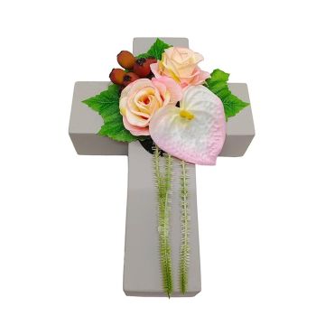 Composition florale artificielle : rose, anthurium, cynorrhodon NINNA, croix de jardin, rose-blanc-rouge, 30 x 18 x 11 cm Composition florale artificielle : rose, anthurium, cynorrhodon NINNA, croix de jardin, rose-blanc-rouge, 30 x 18 x 11 cm