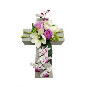 Composition florale artificielle : magnolia, orchidée, rose OVANA, croix de jardin, blanc-violet-crème, 28 x 18 x 10 cm Composition florale artificielle : magnolia, orchidée, rose OVANA, croix de jardin, blanc-violet-crème, 28 x 18 x 10 cm