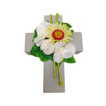 Composition florale artificielle : gerbera, orchidée, allium ANSGAR, croix végétale, blanc-jaune, 20 x 15 x 9 cm Composition florale artificielle : gerbera, orchidée, allium ANSGAR, croix végétale, blanc-jaune, 20 x 15 x 9 cm