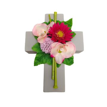 Composition florale artificielle : gerbera, orchidée, allium ANSGAR, croix végétale, fuchsia-rose, 20 x 15 x 9 cm Composition florale artificielle : gerbera, orchidée, allium ANSGAR, croix végétale, fuchsia-rose, 20 x 15 x 9 cm