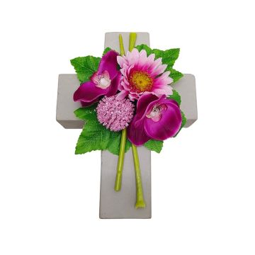 Composition florale artificielle : gerbera, orchidée, allium ANSGAR, croix végétale, rose-fuchsia, 20 x 15 x 9 cm Composition florale artificielle : gerbera, orchidée, allium ANSGAR, croix végétale, rose-fuchsia, 20 x 15 x 9 cm