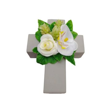Composition florale artificielle : rose, orchidée, houblon ARIADNA, croix végétale, blanc, 20 x 15 x 9 cm Composition florale artificielle : rose, orchidée, houblon ARIADNA, croix végétale, blanc, 20 x 15 x 9 cm