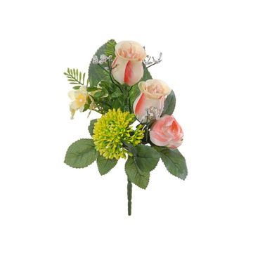 Composition florale artificielle: rose, renoncule, allium HOKUNA, tige, rose-jaune, 27cm, Ø20cm