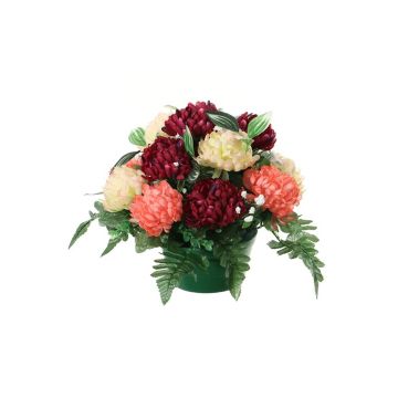 Composition décorative de chrysanthèmes, gypsophile YASAR, pot décoratif, rouge bordeaux-saumon-crème, 25cm, Ø30cm