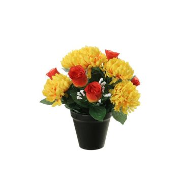 Composition florale artificielle: chrysanthème, rose YESHE, pot décoratif, jaune-orange, 28cm, Ø22cm