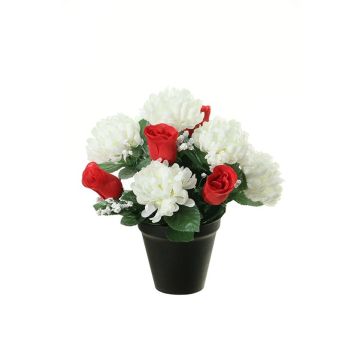 Composition florale artificielle: chrysanthème, rose YESHE, pot décoratif, crème-rouge, 28cm, Ø22cm