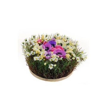 Composition florale artificielle anémones et pâquerettes IKAIA, multicolore, 12cm, Ø20cm