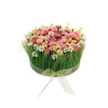 Composition florale artificielle de marguerites et d'herbe HAULANI, rose-blanc, 12cm, Ø20cm