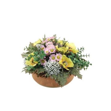 Composition florale artificielle: anémones et astilbes IGNATIO sur plateau, jaune-rose, 17cm, Ø28cm