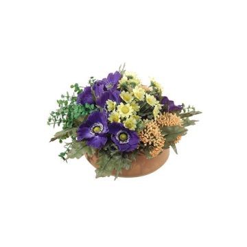 Composition florale artificielle: anémones et astilbes IGNATIO sur plateau, lilas-jaune, 17cm, Ø28cm
