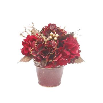 Composition florale artificielle: hortensia, baies SUKI, pot décoratif, rouge-or, 25cm, Ø25cm