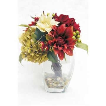 Composition florale artificielle: dahlia, hortensia THEES, vase décoratif, rouge-crème-vert, 30cm, Ø25cm