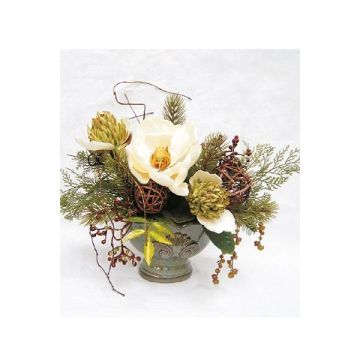 Composition florale artificielle: magnolia, protéa, baies TORWI, cache-pot, blanc-vert, 31cm, Ø34cm