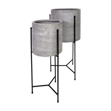Cache-pot rond NARUKO avec un support métallique, 2 pièces, fibre de verre, gris, 35x75cm, 45x82cm
