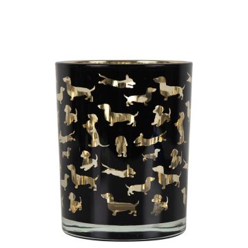 Photophore en verre GEORGETTE avec motif teckel, noir mat et doré brillant, 12,5cm, Ø10cm